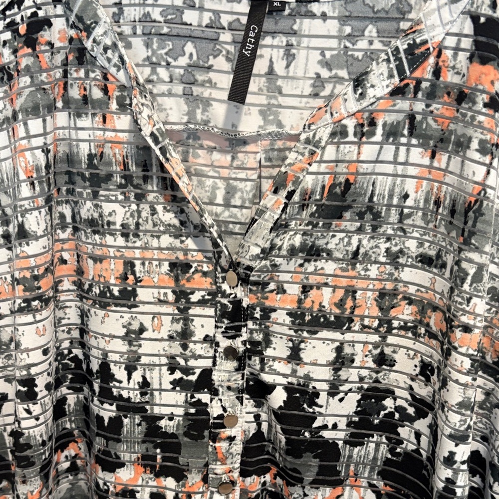 Cathy Abstract Stripe Button-Front Blouse - Black, Gray & Coral